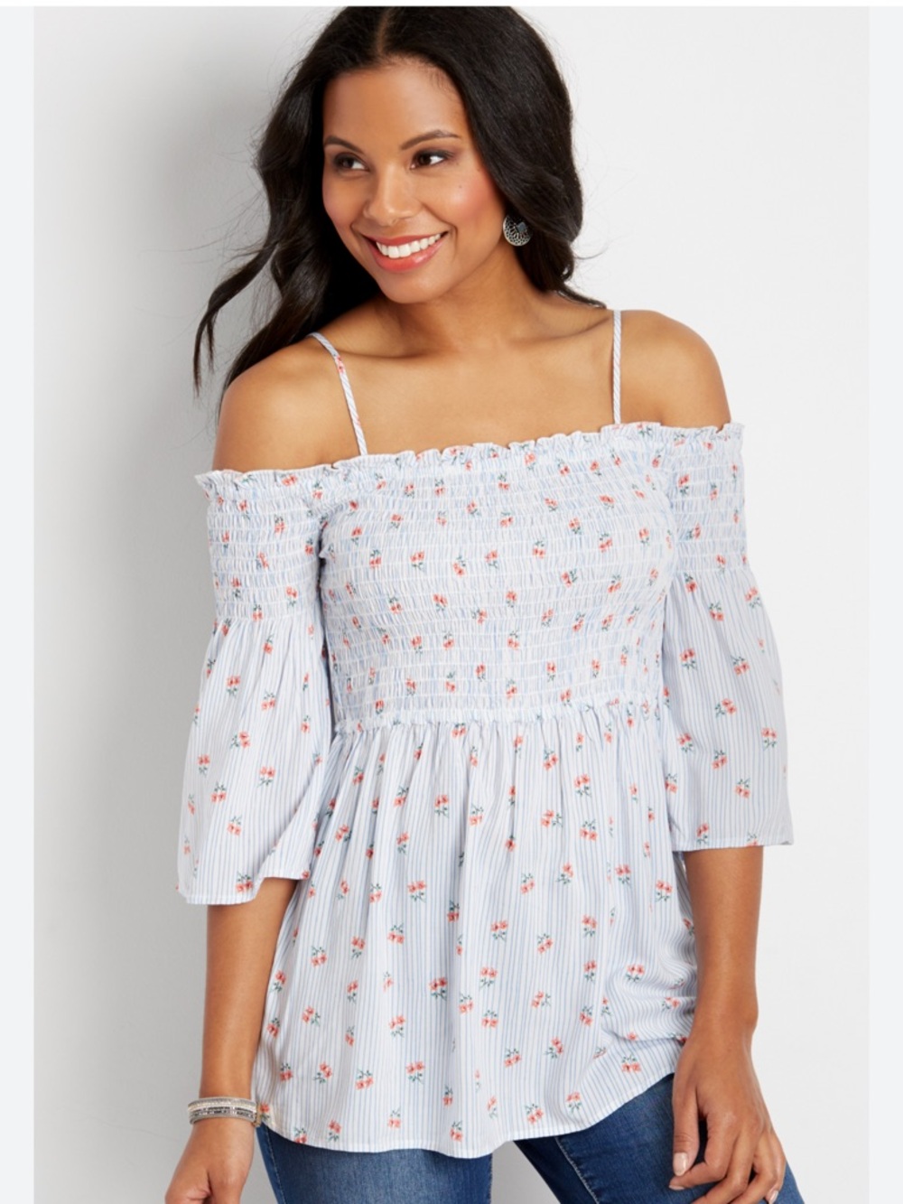 Maurices Light Blue Floral Smocked Off-Shoulder Peplum Top